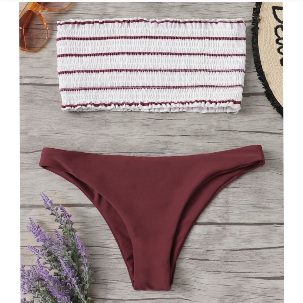 Zaful Striped Smocked Bandeau Bikini Size 4